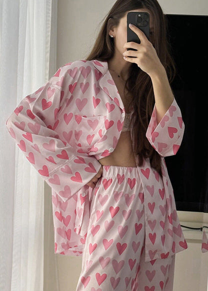 Heart Print Satin Pajama Set Relaxed Fit Pink