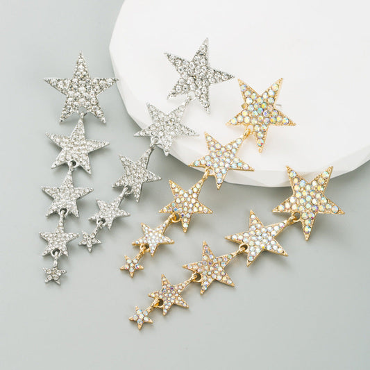 Star-Shaped Long Earrings with Multi-Layer Rhinestones