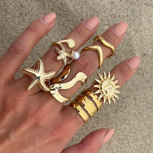 Starfish Shell Metal Ring Set Trendy Fashion Jewelry