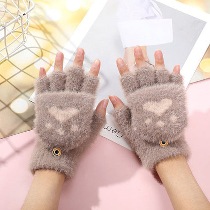 Cute Cat Paw Plush Fingerless Gloves Warm Knit Mittens