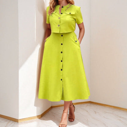 Elegant Solid Color Casual Short Sleeve Top and Skirt Set