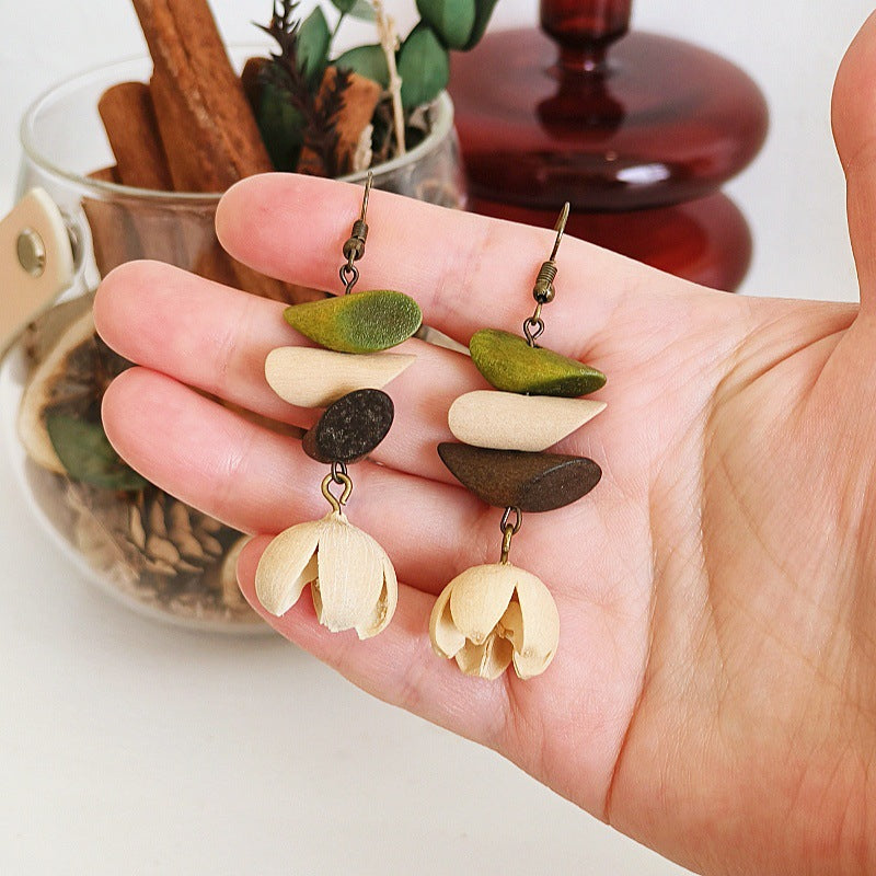 Geometric Vintage Wood Drop Earrings Bohemian Style