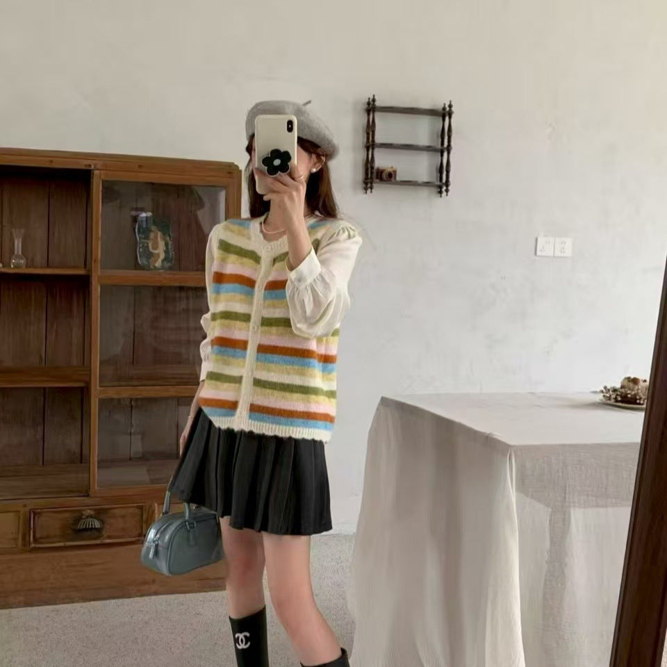 Rainbow Stripe Knit Vest for Women Soft Casual Sleeveless Cardigan