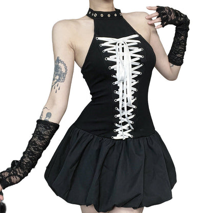 Black Goth Style Halter Neck Tie Back Mini Dress