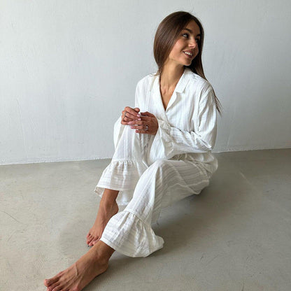 Casual Ruffled Shirt And Pant Set Cotton Long Sleeve