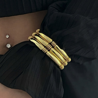 Trendy Beaded Bamboo Bracelets Set With Metallic Curved Tube Design