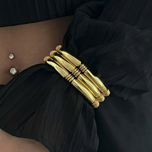 Trendy Beaded Bamboo Bracelets Set With Metallic Curved Tube Design