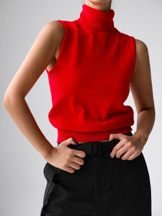 High Neck Sleeveless Knit Top Comfortable Casual Shirt