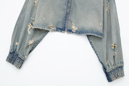 Simple Ripped Zip Up Cropped Jacket
