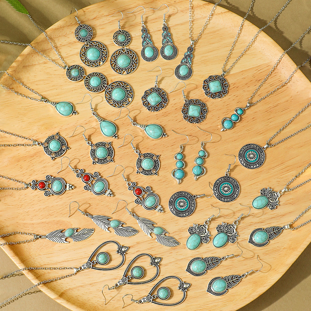 Bohemian Vintage Turquoise Water Drop Earrings and Necklace Set