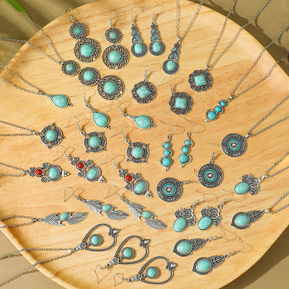 Bohemian Vintage Turquoise Water Drop Earrings and Necklace Set