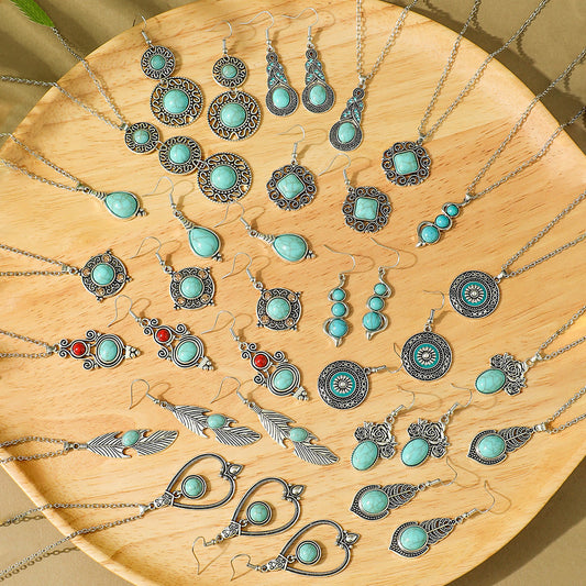 Bohemian Vintage Turquoise Water Drop Earrings and Necklace Set
