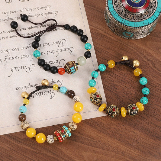 Nepalese Tibetan Woven Bracelet Turquoise Beeswax Niche Design Vintage Ethnic Style Bracelet Men'S And Women'S Tibetan Accessories