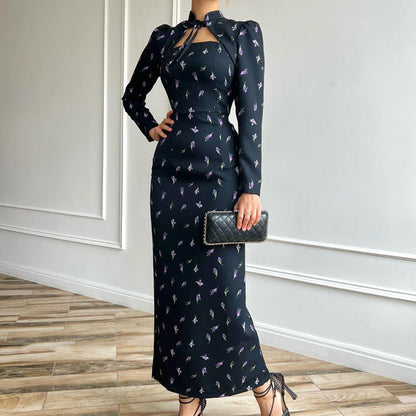 French Style Stand Collar Tie Detail Long Sleeve Bodycon Dress