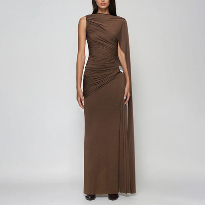 Slim Fit Solid Color Maxi Dress With Ruffled Details