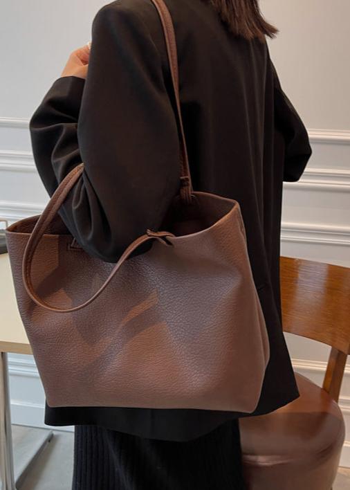 Soft Leather Tote Bag In Beige And Brown