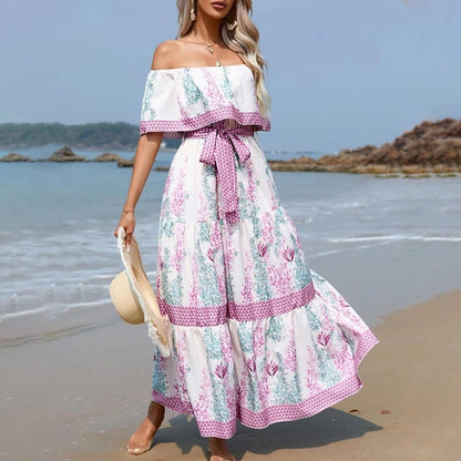 Spring And Summer New One-Shoulder Print Long Swing Dress