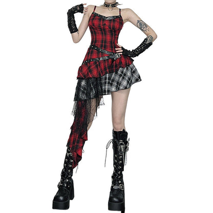 Checkered Cami Dress Irregular Hem Polyester Summer Trendy Dress