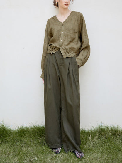 V-Neck Loose Linen Long Sleeve Shirt Stylish Retro Design