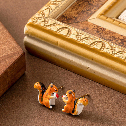 Sweet Forest-Inspired Hand-Painted Enamel Squirrel Earrings