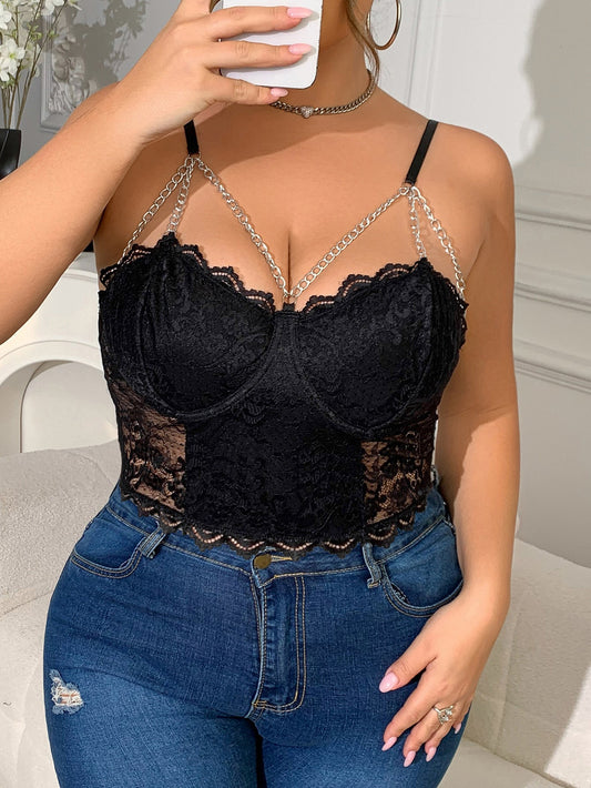 Plus Size Lace Camisole With Chain Detail For Sexy Casual Look