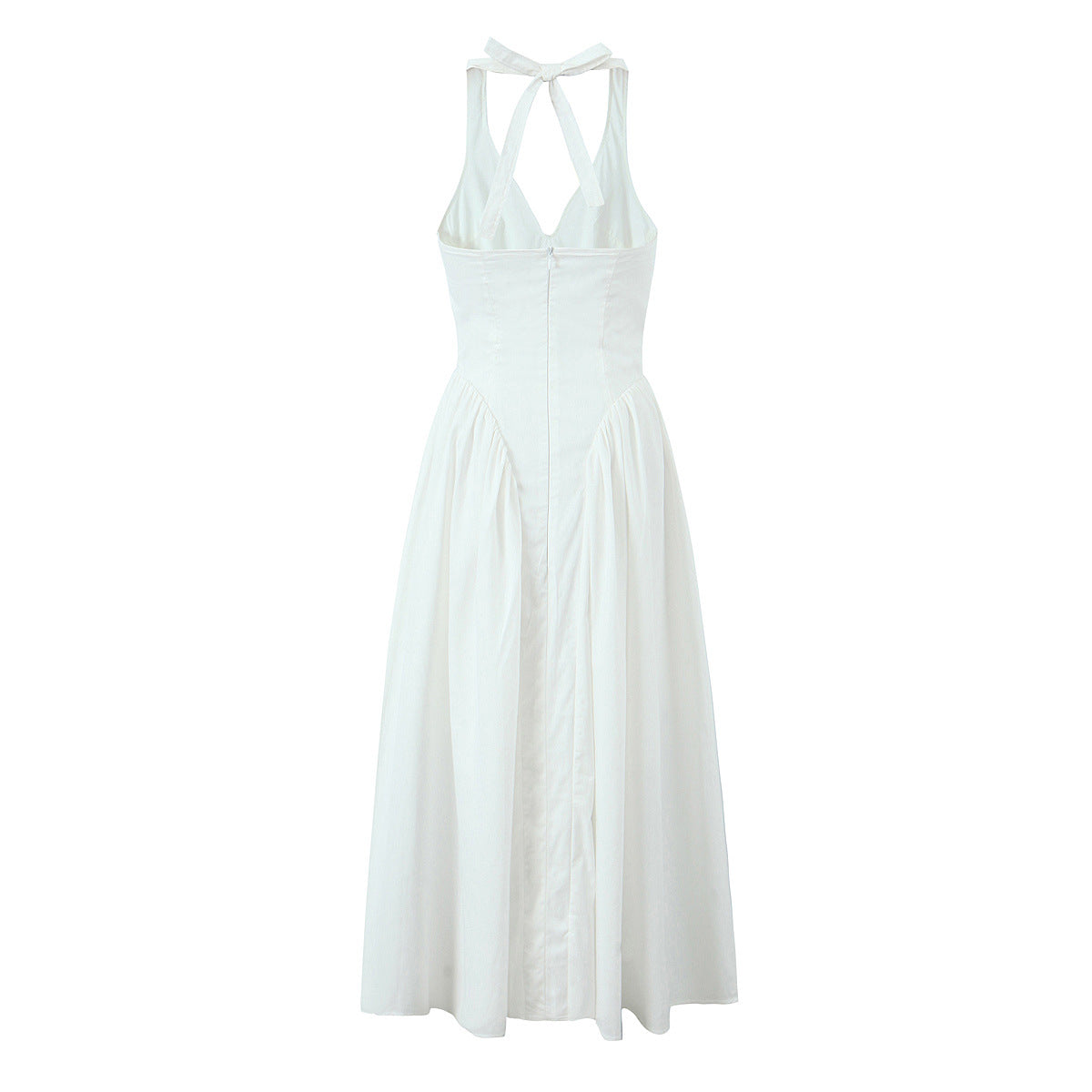 Solid Color Halter V-Neck Ruffle Maxi Dress