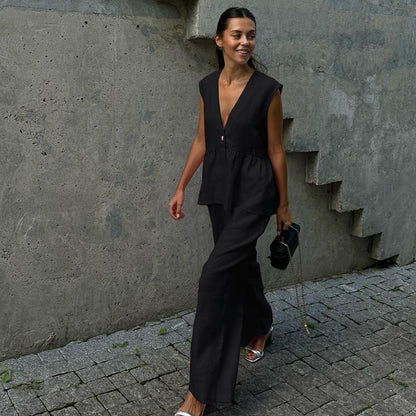 Cotton V-Neck Sleeveless Top and Long Pants Set for Women