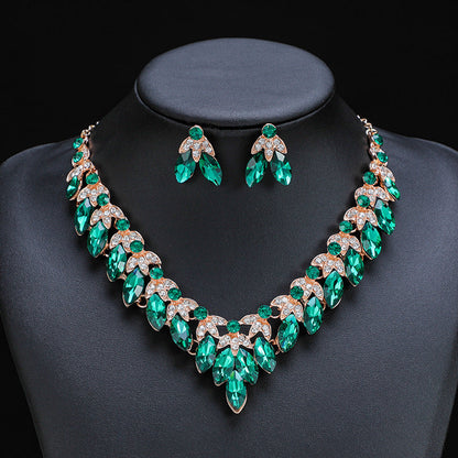 Retro Statement Necklace and Earring Set Crystal Gem Short Chain Women's Fashion Accessories