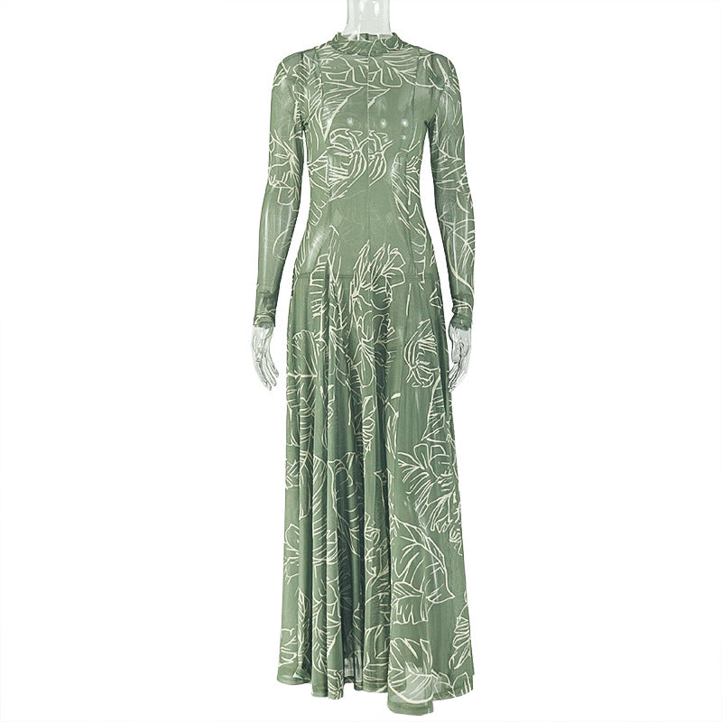 Retro Floral A-Line Dress With High Neck Long Sleeves