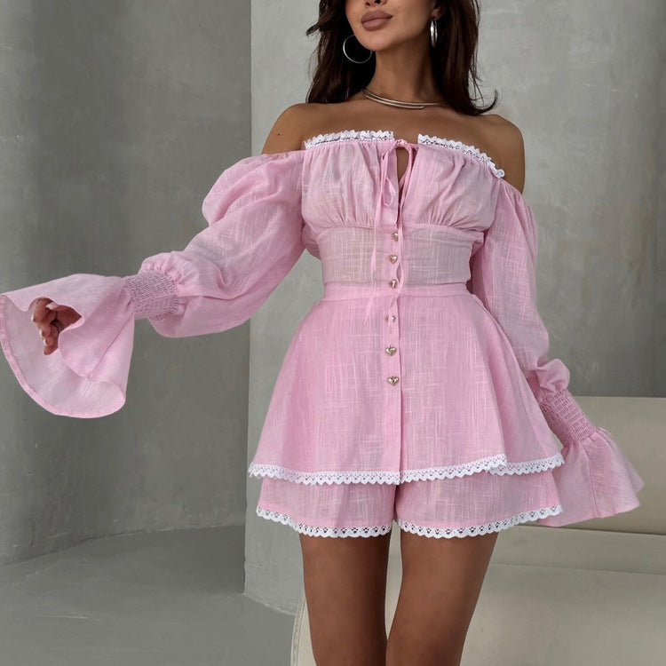 Pink Lace Trim Off-Shoulder Blouse and Shorts Set