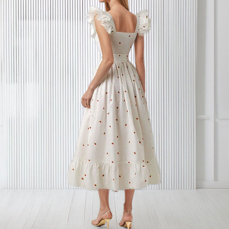 French Floral High-Waisted A-Line Dress with Flutter Sleeves
