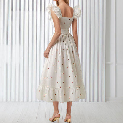 French Floral High-Waisted A-Line Dress with Flutter Sleeves