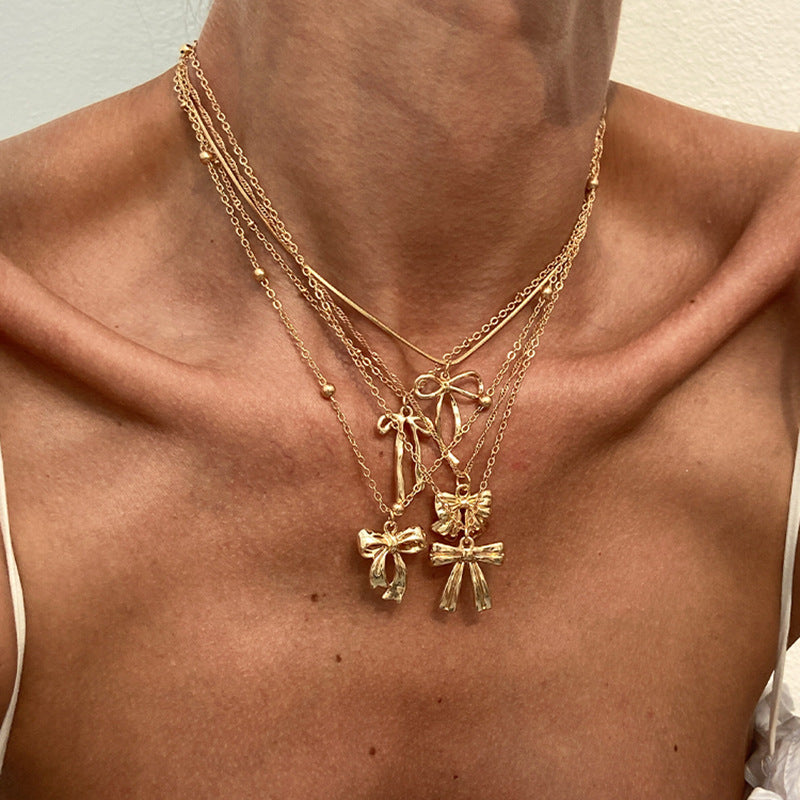 Trendy Ins Metal Ribbon Bow Necklace With Pearl Heart Pendant