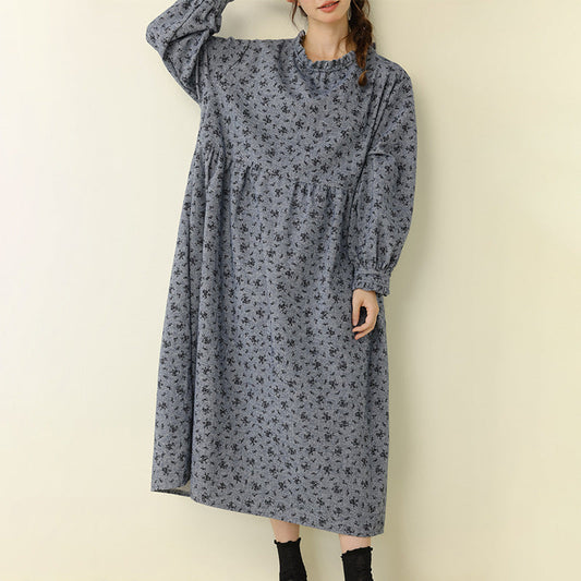 Floral Print Long Sleeve Cotton Dress Casual A-Line Dress
