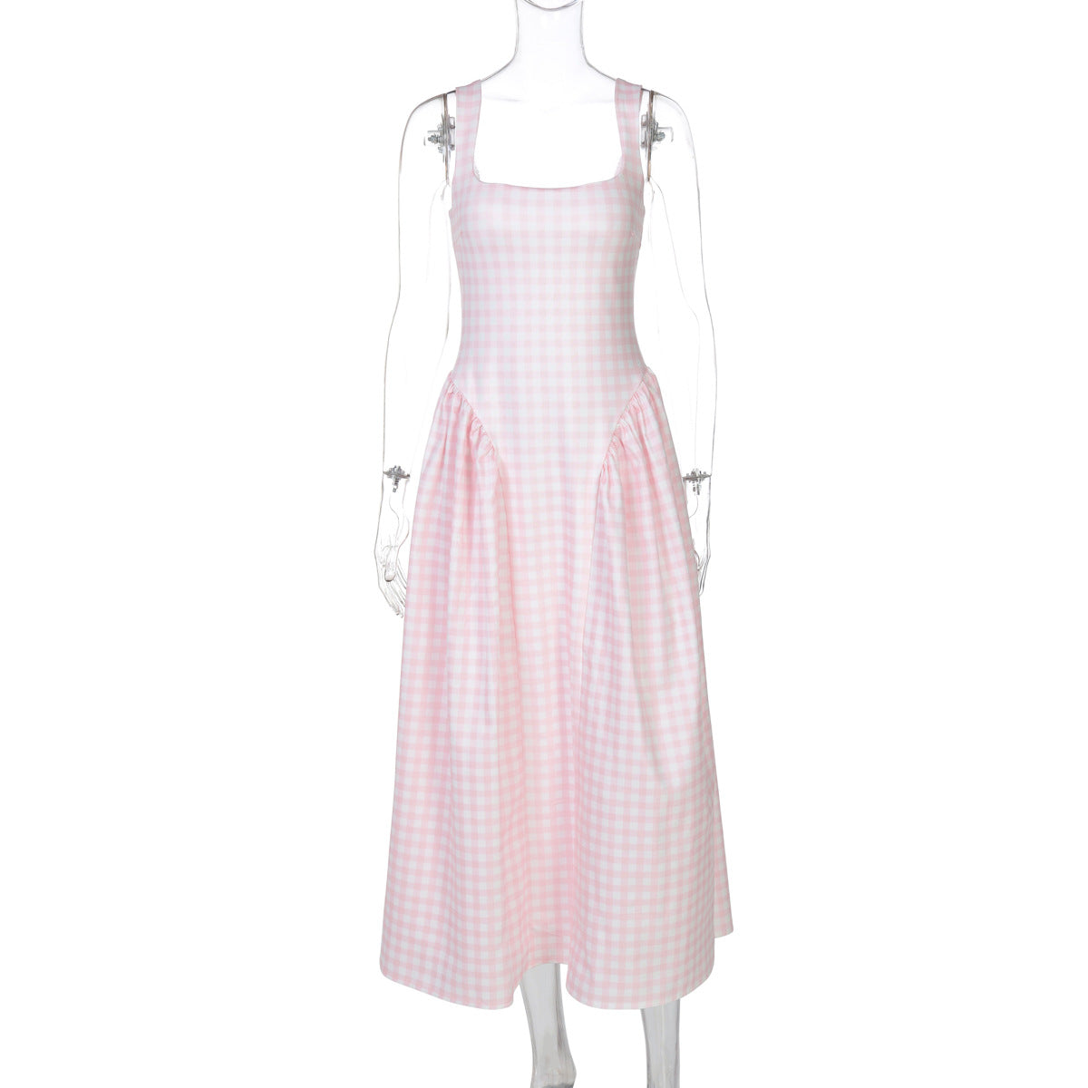 Stylish French Checkered Print Midi Dress with Backless Design
