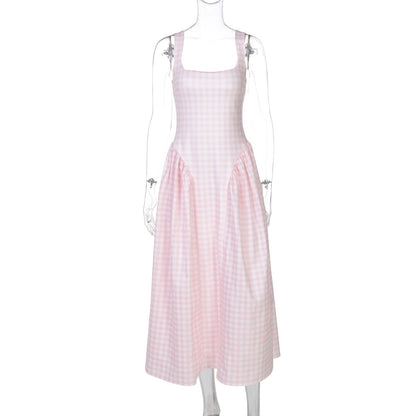 Stylish French Checkered Print Midi Dress with Backless Design