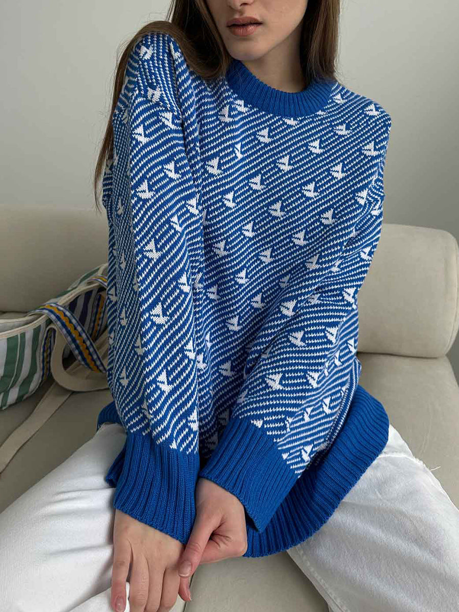 Casual Geometric Knit Sweater Comfortable All-Season Pullover