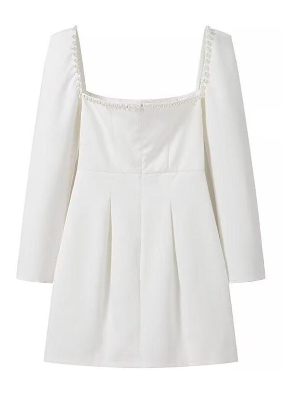 Square Neck Mini Dress With Pearl Trim