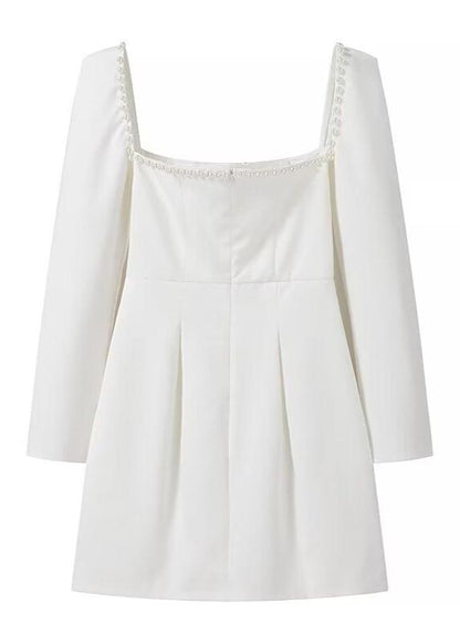 Square Neck Mini Dress With Pearl Trim