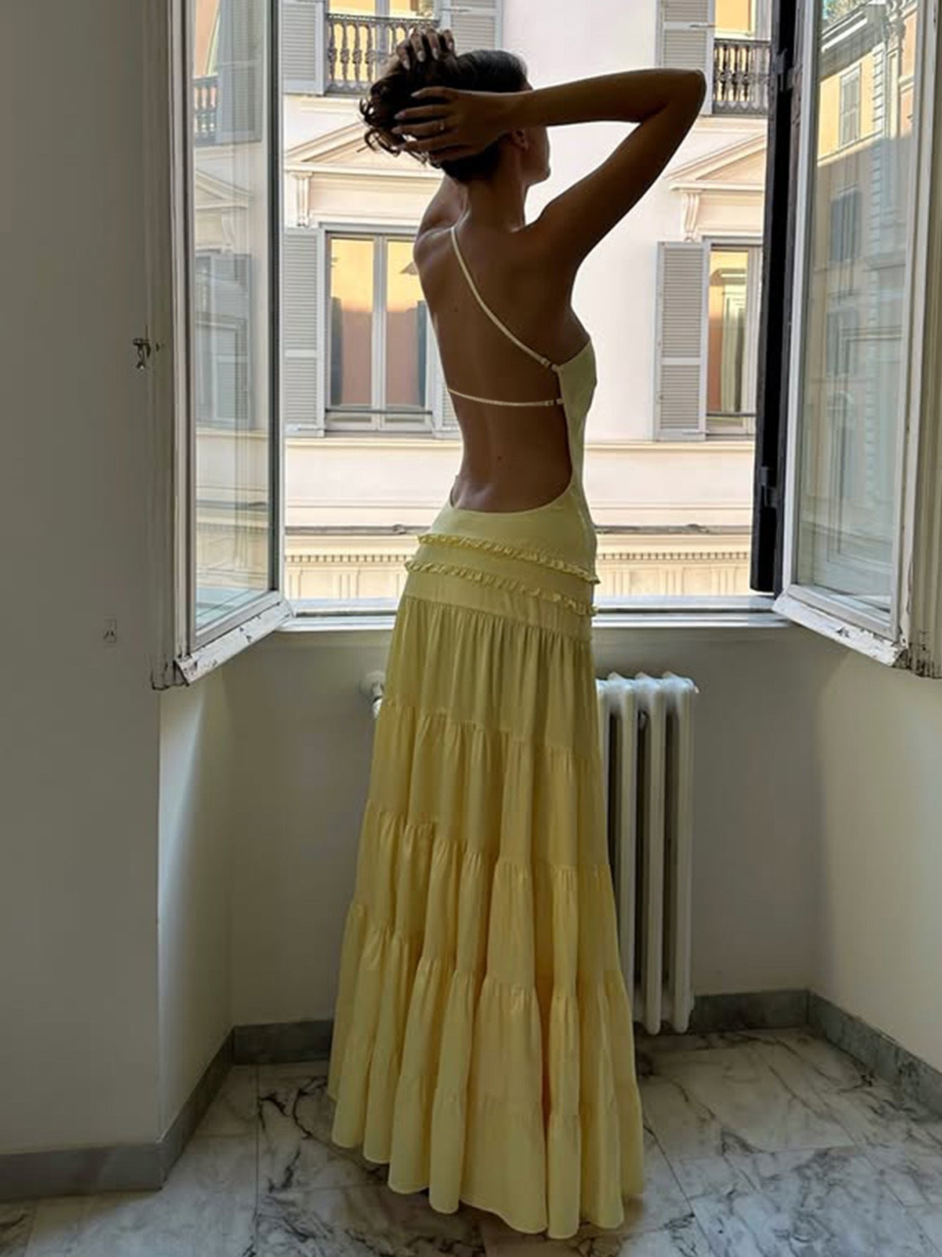 Sexy Hollow Back Tiered One-Shoulder Maxi Dress