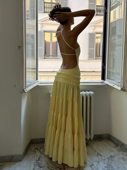 Sexy Hollow Back Tiered One-Shoulder Maxi Dress