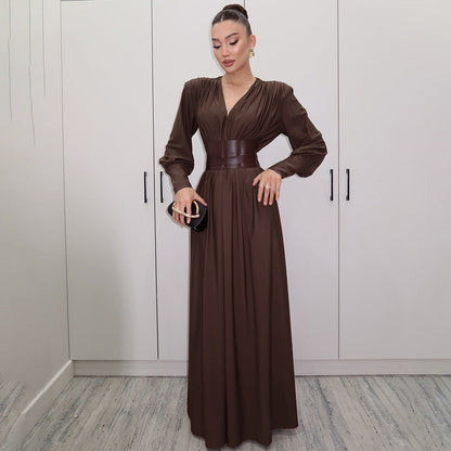 French Elegant Vintage V-Neck Loose Maxi Dress With Waist Belt