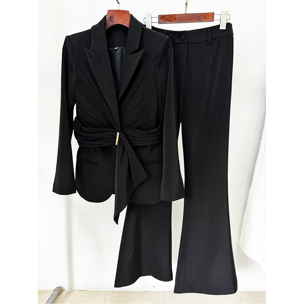 Stylish Irregular Belted Blazer Pantsuit Set