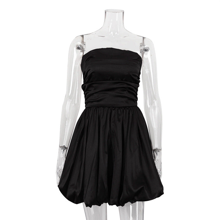 Sweetheart Strapless White Satin Dress with Ruffles