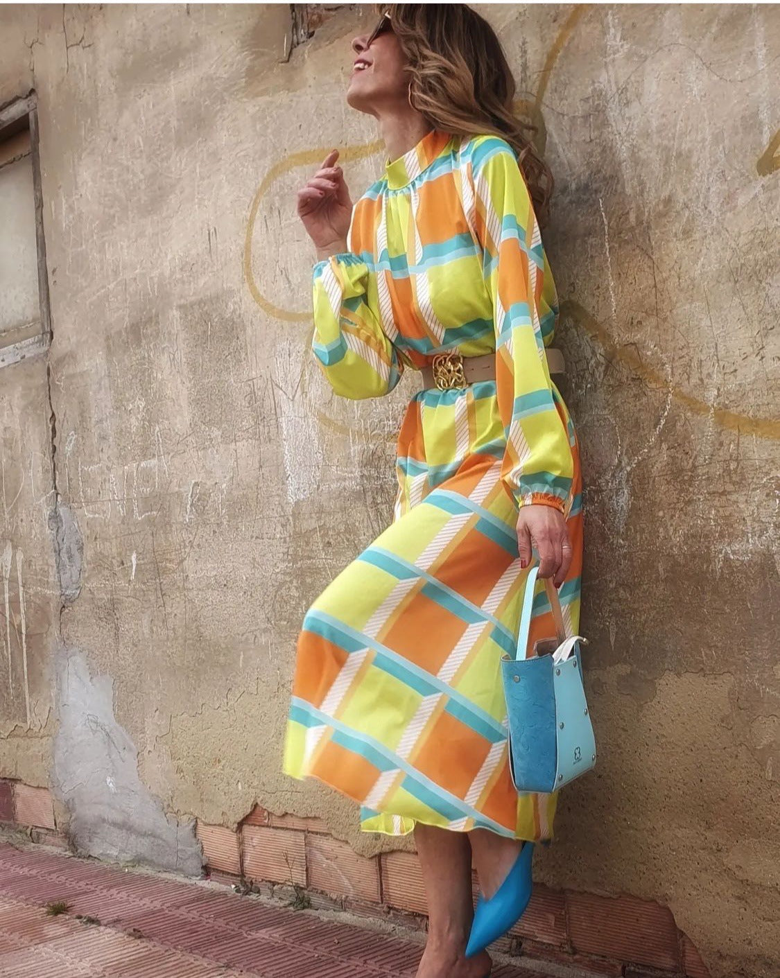 Mid-Sleeve Print Cinched-Waist A-Line Dress Oversized Women'S Maxi Dress