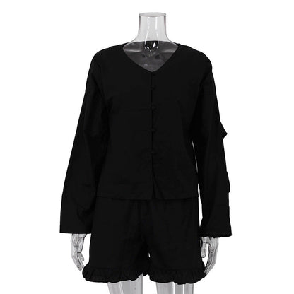 Summer Casual Two-Piece Set Beige Long Sleeve Shirt and High Waist Shorts