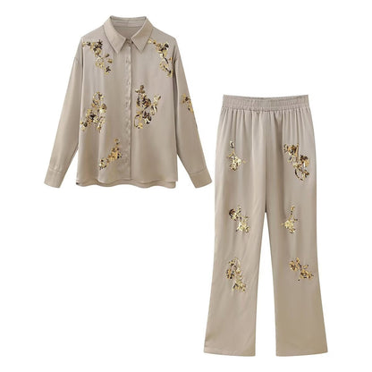 Sequin Embroidered Casual Shirt Pants Set