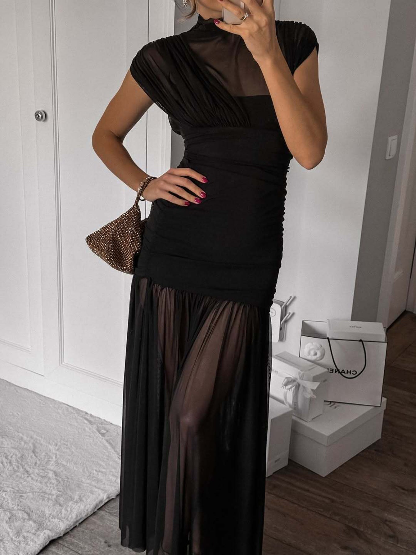Sexy Bodycon Long Dress With Sheer Overlay