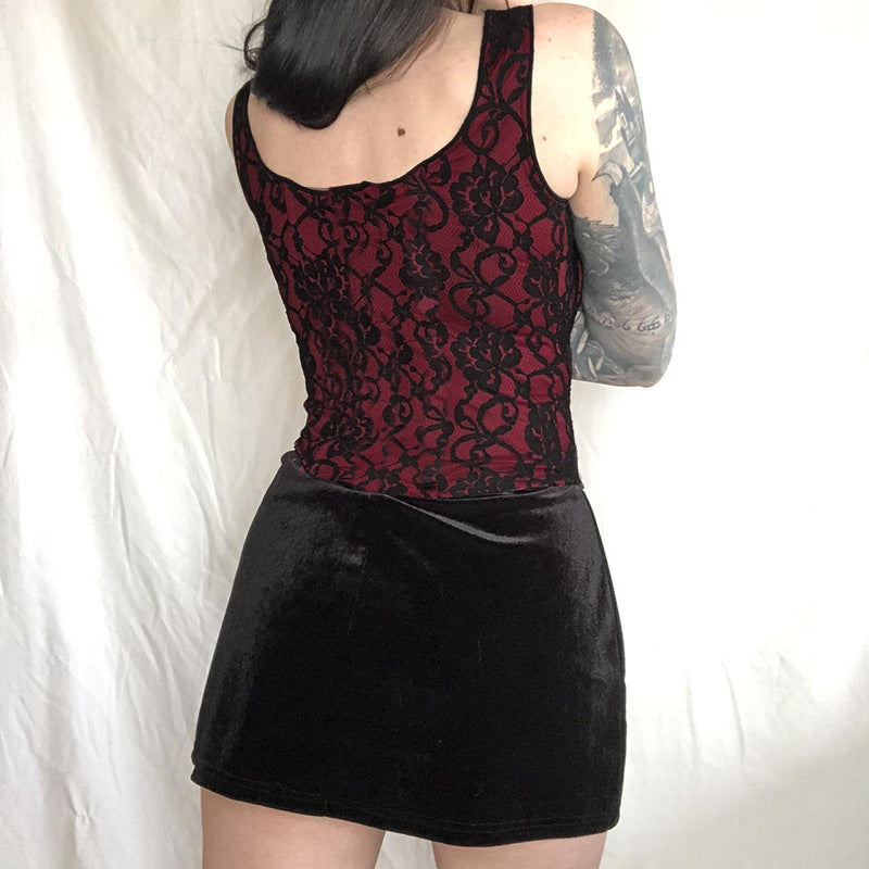Lace-Up Corset-Style Top with Red Contrast - Edgy Streetwear