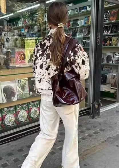 Cow Print Polyester Jacket With Chest Pockets